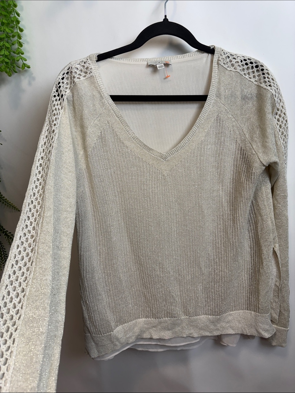 Lucky Brand Cream V-Neck Open Crochet Sleeve Pullover